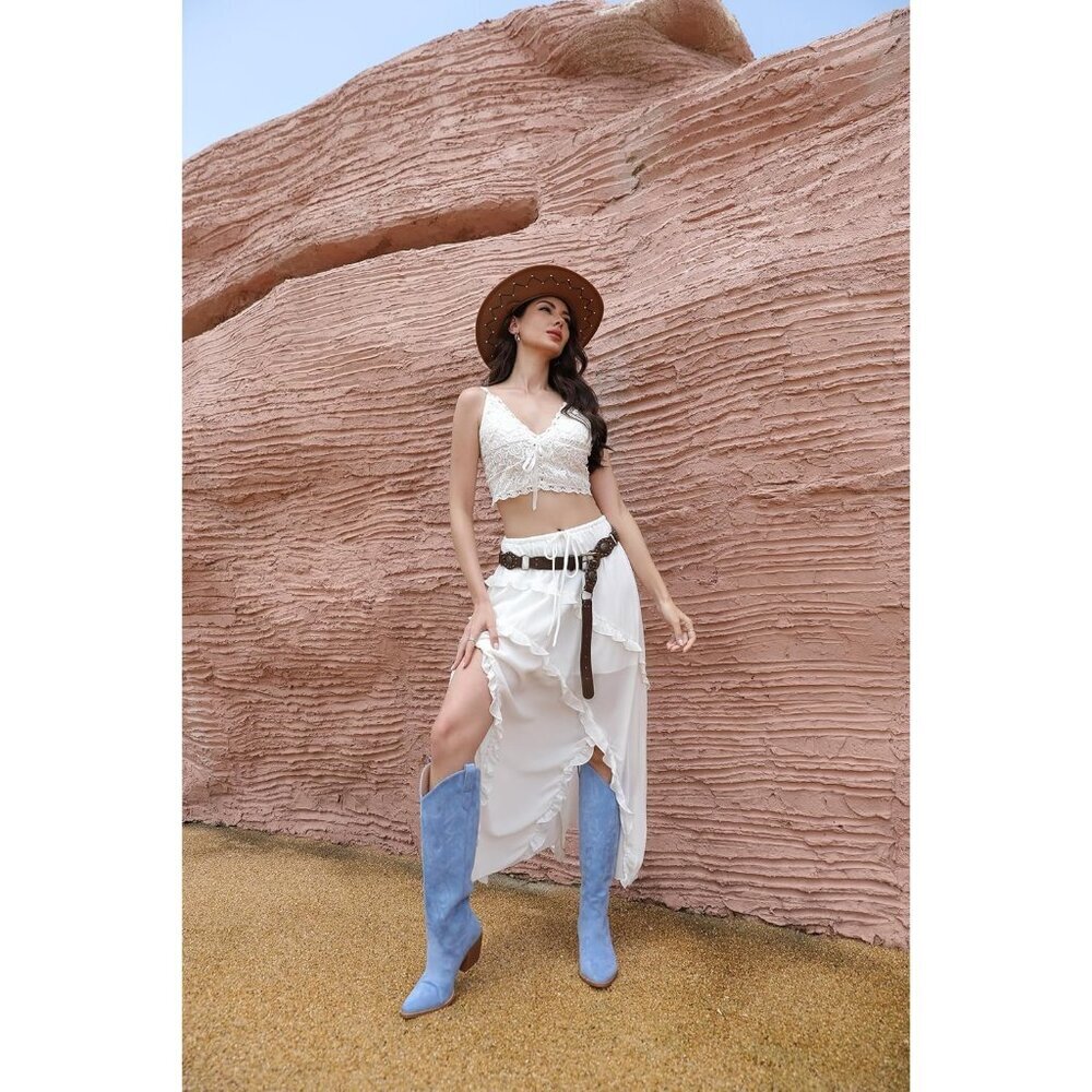 ⚡Women's Blue Knee High Pointed Toe And Block Heel Suede And Faux Leather Boots - Picture 6 of 9